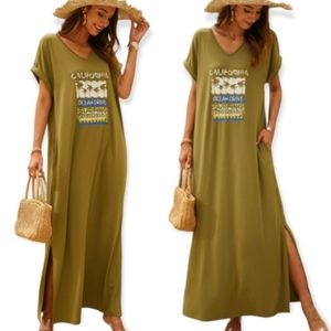 Ninexis California Santa Monica Beach Surfing T Shirt V-neck Pocket Maxi Dress
